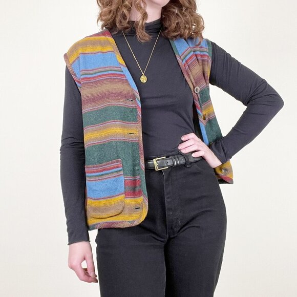 Vintage Striped Wool Oversized Sweater Vest Boho Western Rustic Bohemian Hippie - Picture 6 of 6